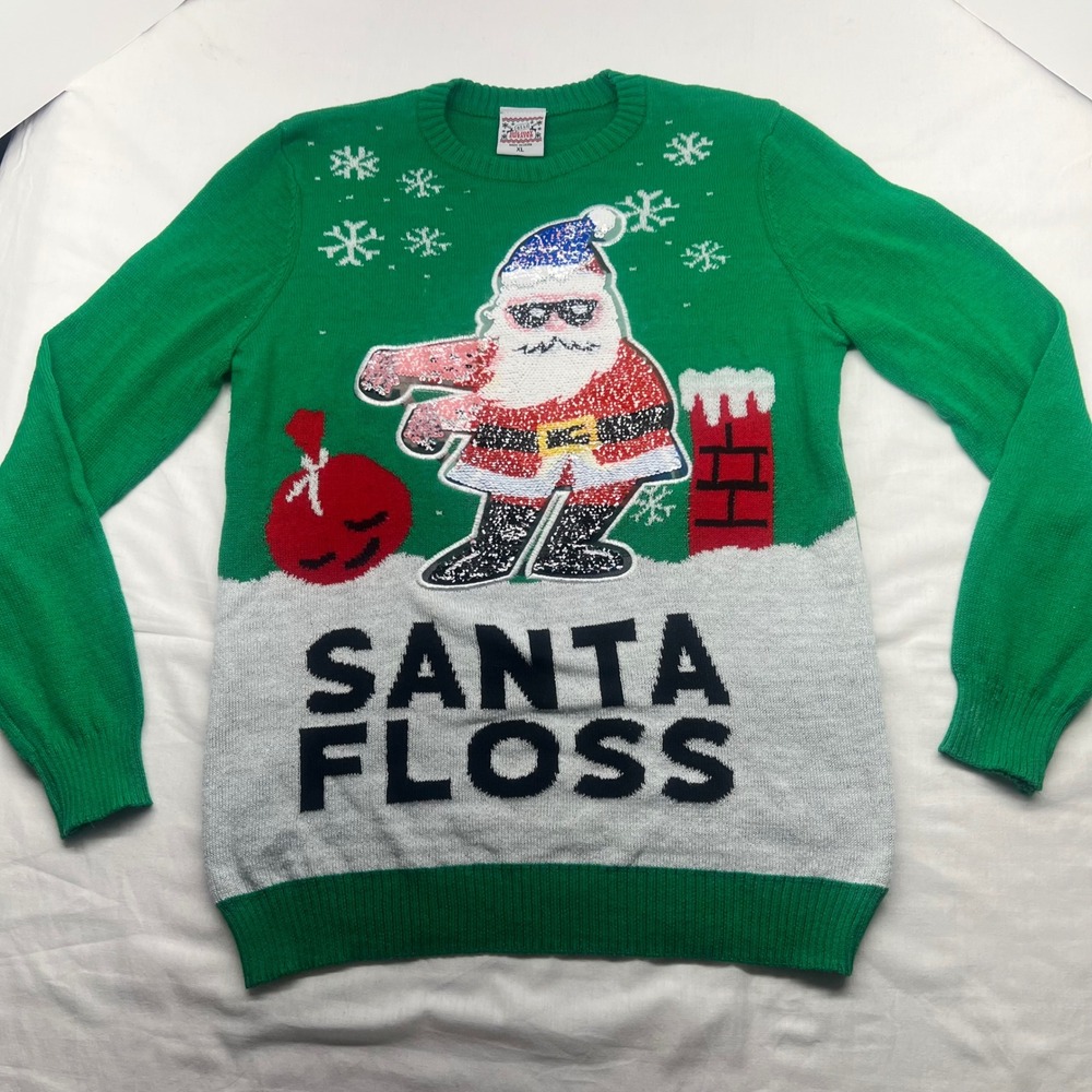 Santa‎ Floss Ugly Christmas Sweater XL Green Sequin Holiday Party